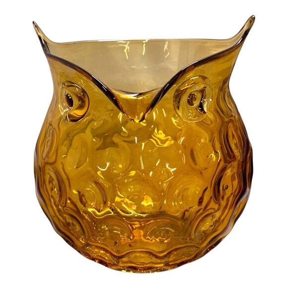 Vintage Amber Glass Honeycomb Art Glass Owl Vase Large Vase Candle Holder 9" - Picture 1 of 8